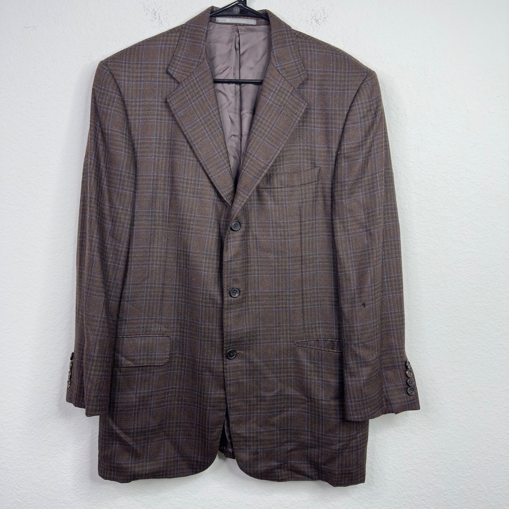 Hickey Freeman Blazer Mens 40R Brown Blue Wool Silk Plaid Preppy Business Luxury